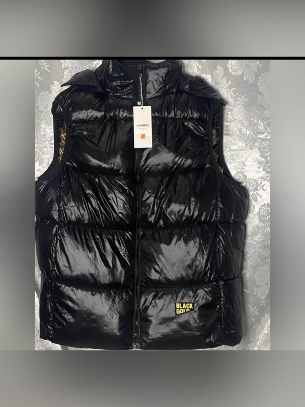 Glossy Black Hooded Puffer Vest Jacket Gold Lining Size 4XL NWT